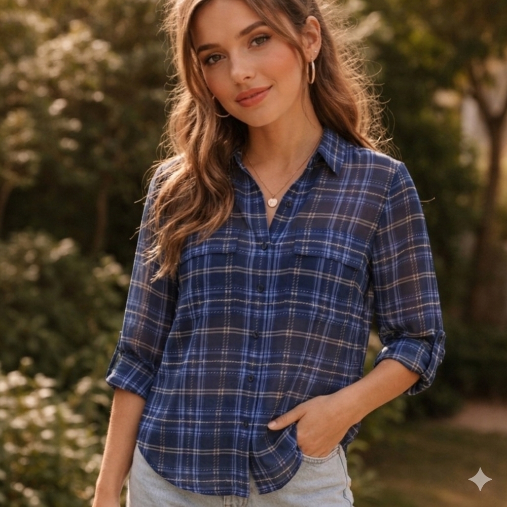 Sheer Babaton Aritzia Blue Checkered Button Down Shirt